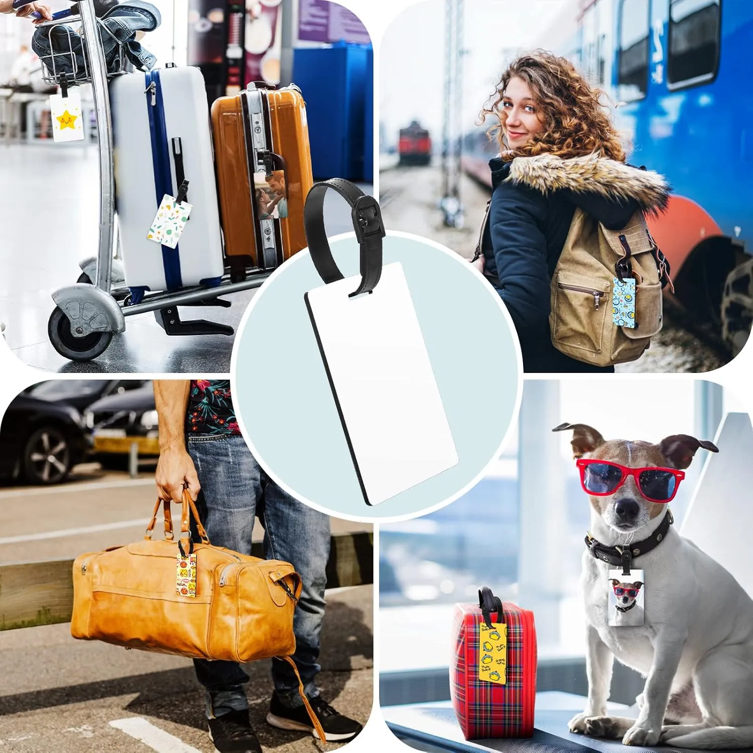 10pcs Sublimation Blanks Luggage Tags with Strap, White Blank Backpack Travel Bag Baggage Tags Double Sided Rectangle Name ID Card Label Tag Perfect to Quickly Spot Luggage Suitcase