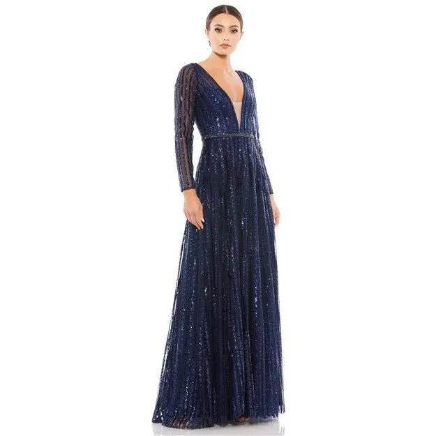 11184 Plunging Striped Sequin Long Sleeve Gown