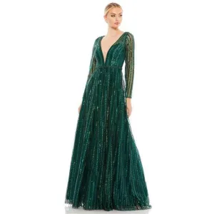 11184 Plunging Striped Sequin Long Sleeve Gown