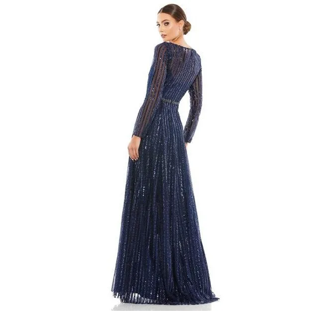 11184 Plunging Striped Sequin Long Sleeve Gown