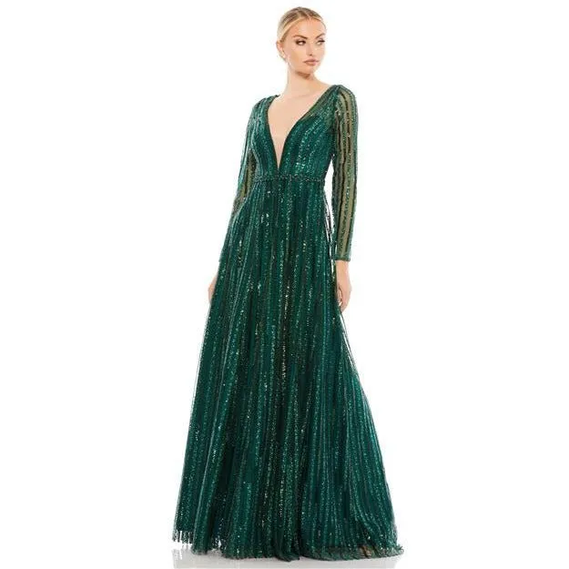11184 Plunging Striped Sequin Long Sleeve Gown