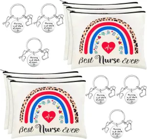 12 Pcs Nurse Appreciation Gifts CNA Week Gifts for Women 6 Rainbow Canvas Makeup Bags Bulk Cosmetic Zipper Pouch 6 Inspirational Keychains for Nursing Assistants Work Practitioner Birthday Graduation