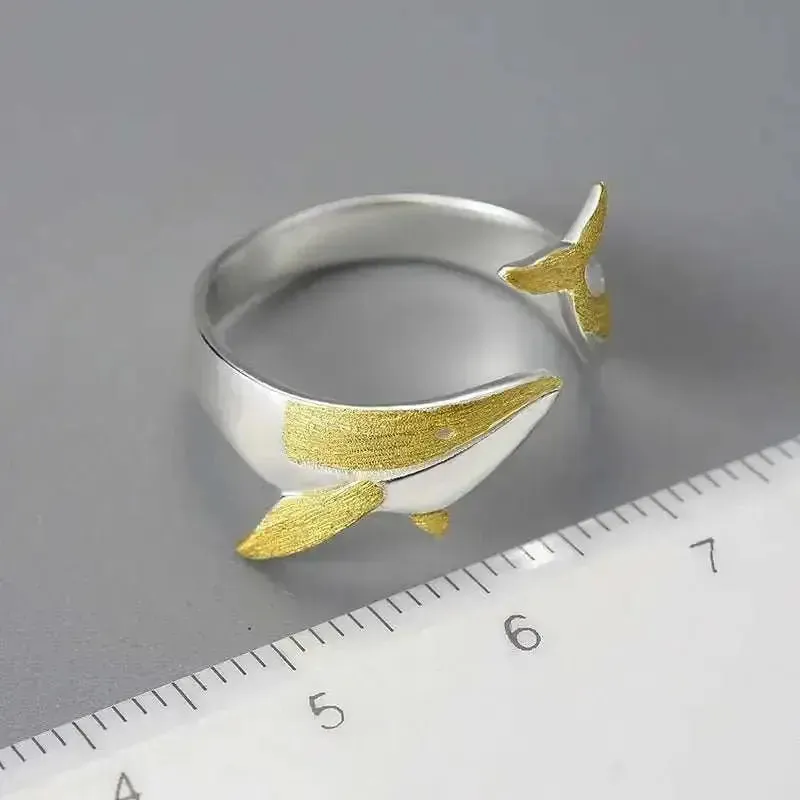 18K Gold & Silver Oceanic Whale Tail Ring | Elegant Sea-Inspired Style