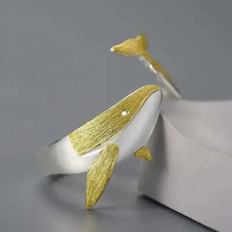 18K Gold & Silver Oceanic Whale Tail Ring | Elegant Sea-Inspired Style