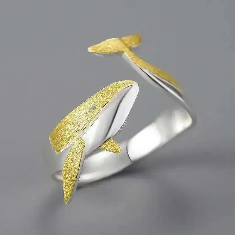 18K Gold & Silver Oceanic Whale Tail Ring | Elegant Sea-Inspired Style