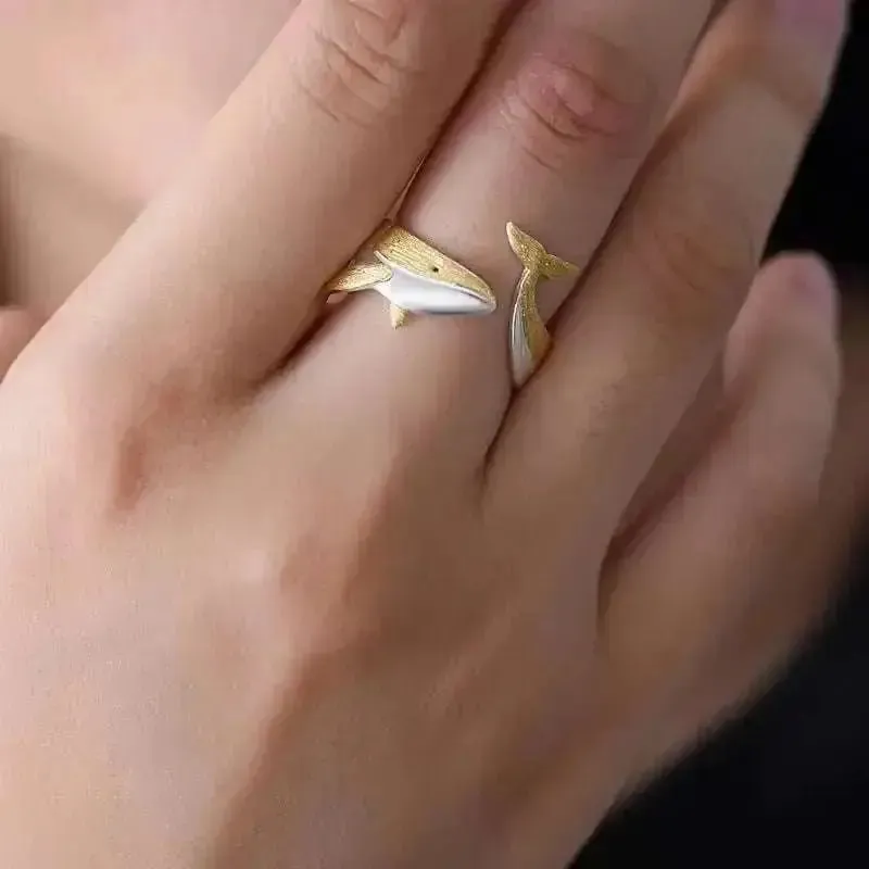 18K Gold & Silver Oceanic Whale Tail Ring | Elegant Sea-Inspired Style