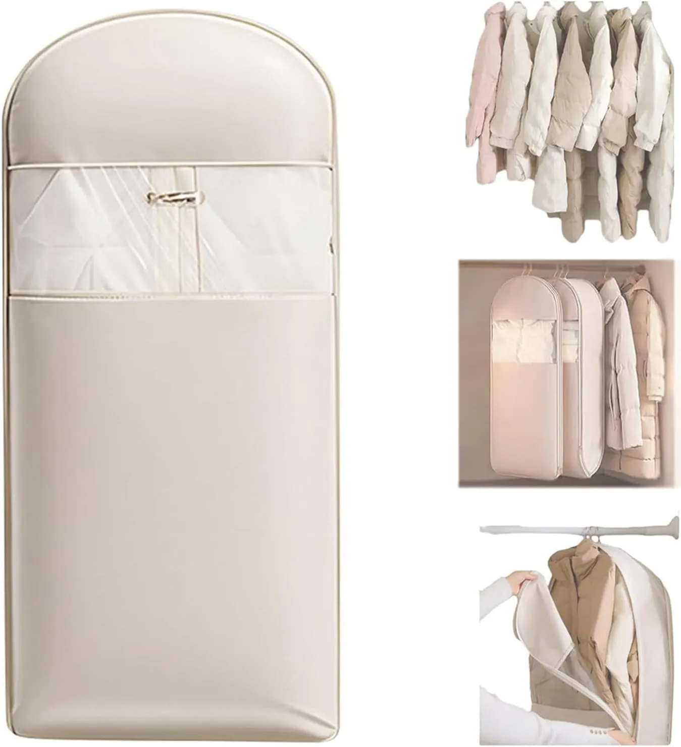 2025 New Space Saving Hanging Garment Bag with Self Compression Zipper, Upgrade Dust Cover Clothes Bags for Down Coat, Winter Clothes Ultra Space Saving Self Compression Organizer (Beige, L)