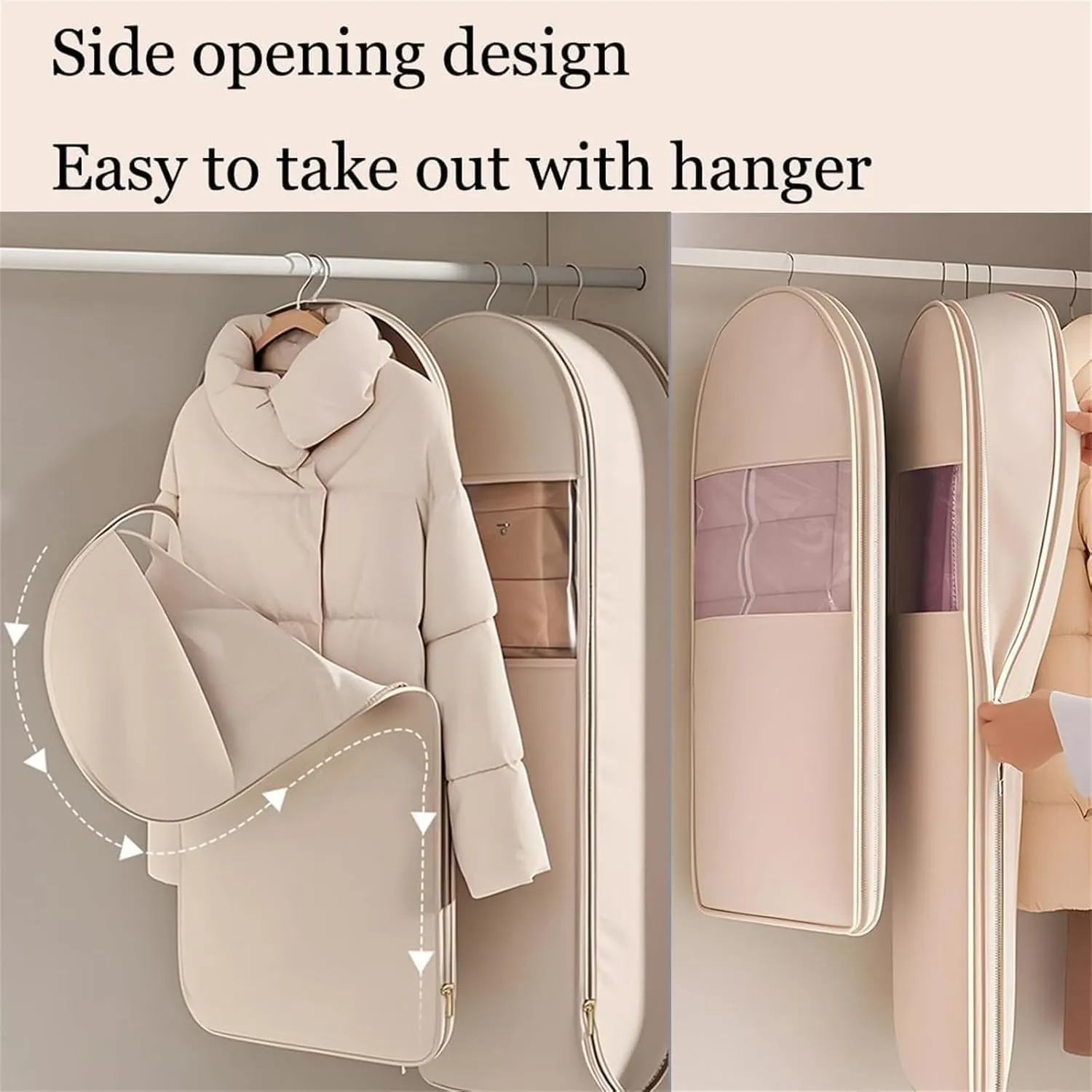 2025 New Space Saving Hanging Garment Bag with Self Compression Zipper, Upgrade Dust Cover Clothes Bags for Down Coat, Winter Clothes Ultra Space Saving Self Compression Organizer (Beige, L)