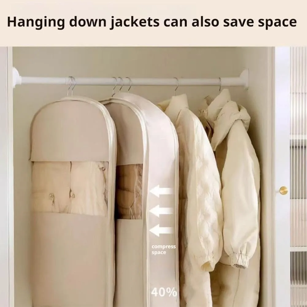2025 New Space Saving Hanging Garment Bag with Self Compression Zipper, Upgrade Dust Cover Clothes Bags for Down Coat, Winter Clothes Ultra Space Saving Self Compression Organizer (Beige, L)