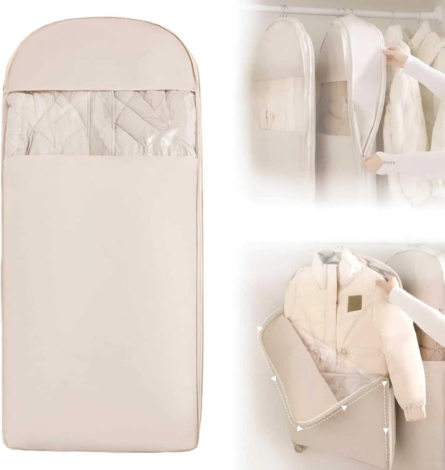 2025 Space Saving Hanging Garment Bag With Self Compression Zipper - Compression Garment Bag, Space Saving Hanging Protector for Down Coat, Transparent Visibility (Beige, XL)
