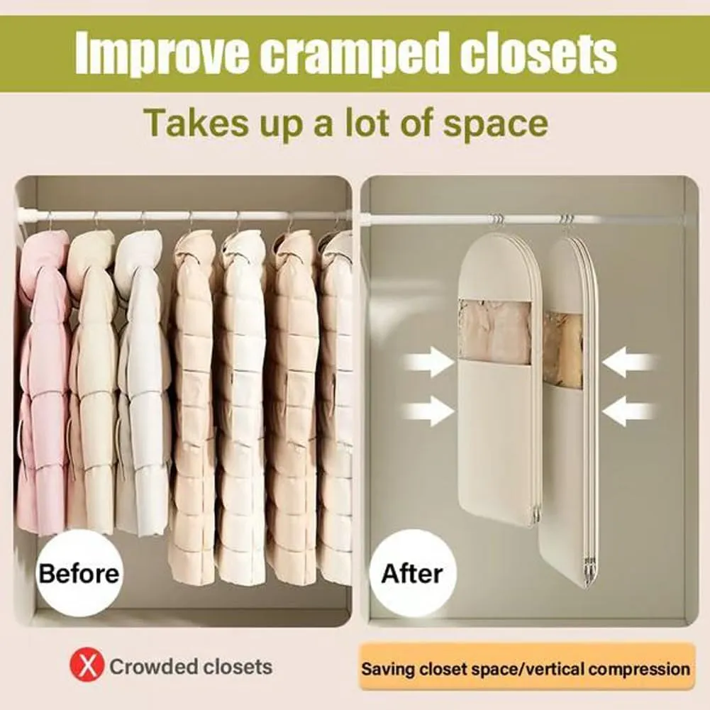 2025 Space Saving Hanging Garment Bag With Self Compression Zipper - Compression Garment Bag, Space Saving Hanging Protector for Down Coat, Transparent Visibility (Beige, XL)