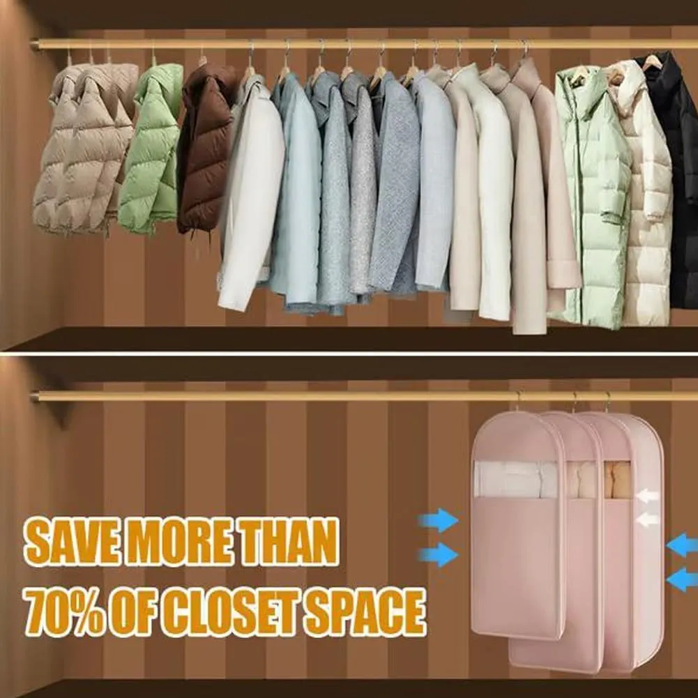 2025 Space Saving Hanging Garment Bag With Self Compression Zipper - Compression Garment Bag, Space Saving Hanging Protector for Down Coat, Transparent Visibility (Beige, XL)
