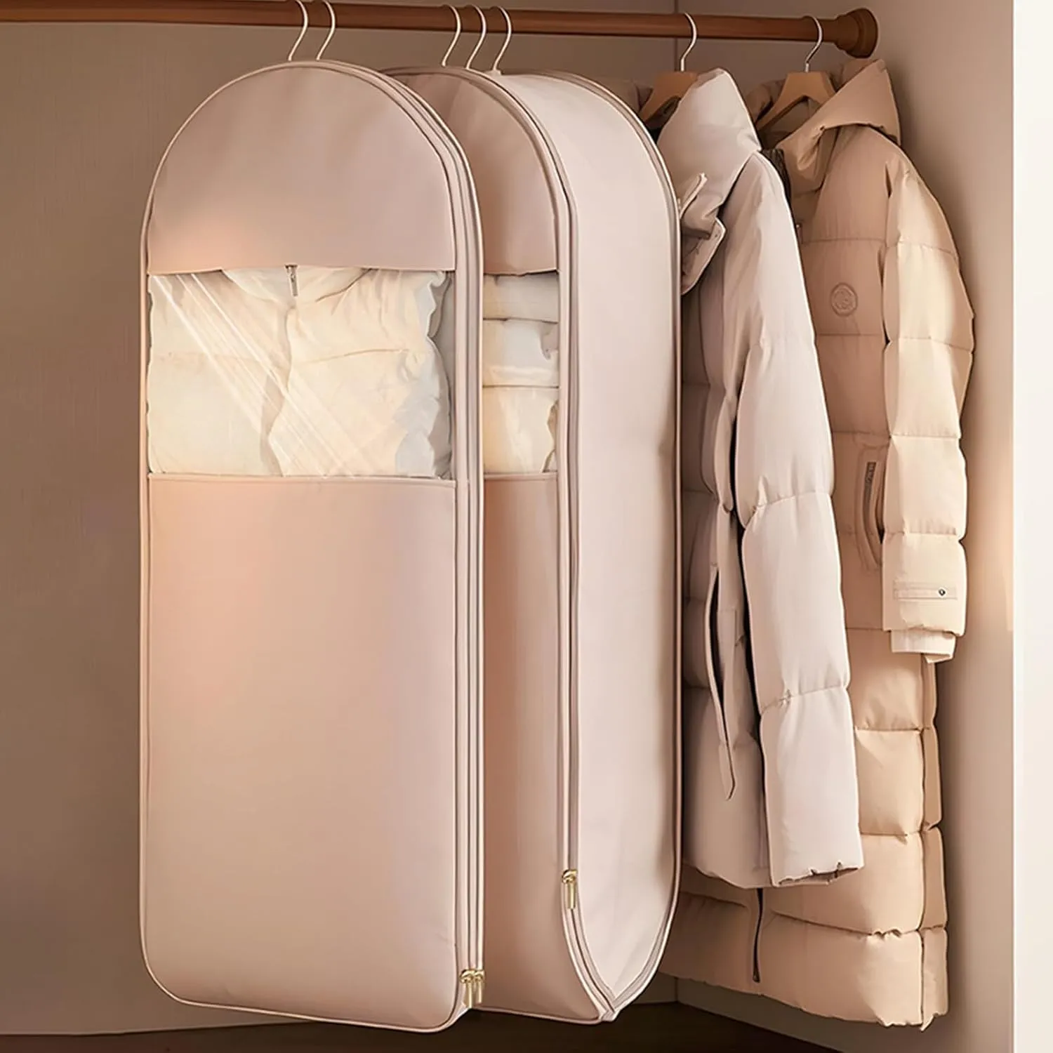 2025 Space Saving Hanging Garment Bag with Self Compression Zipper, Garment Bag for Travel, Home Space Saving (Beige,XL)