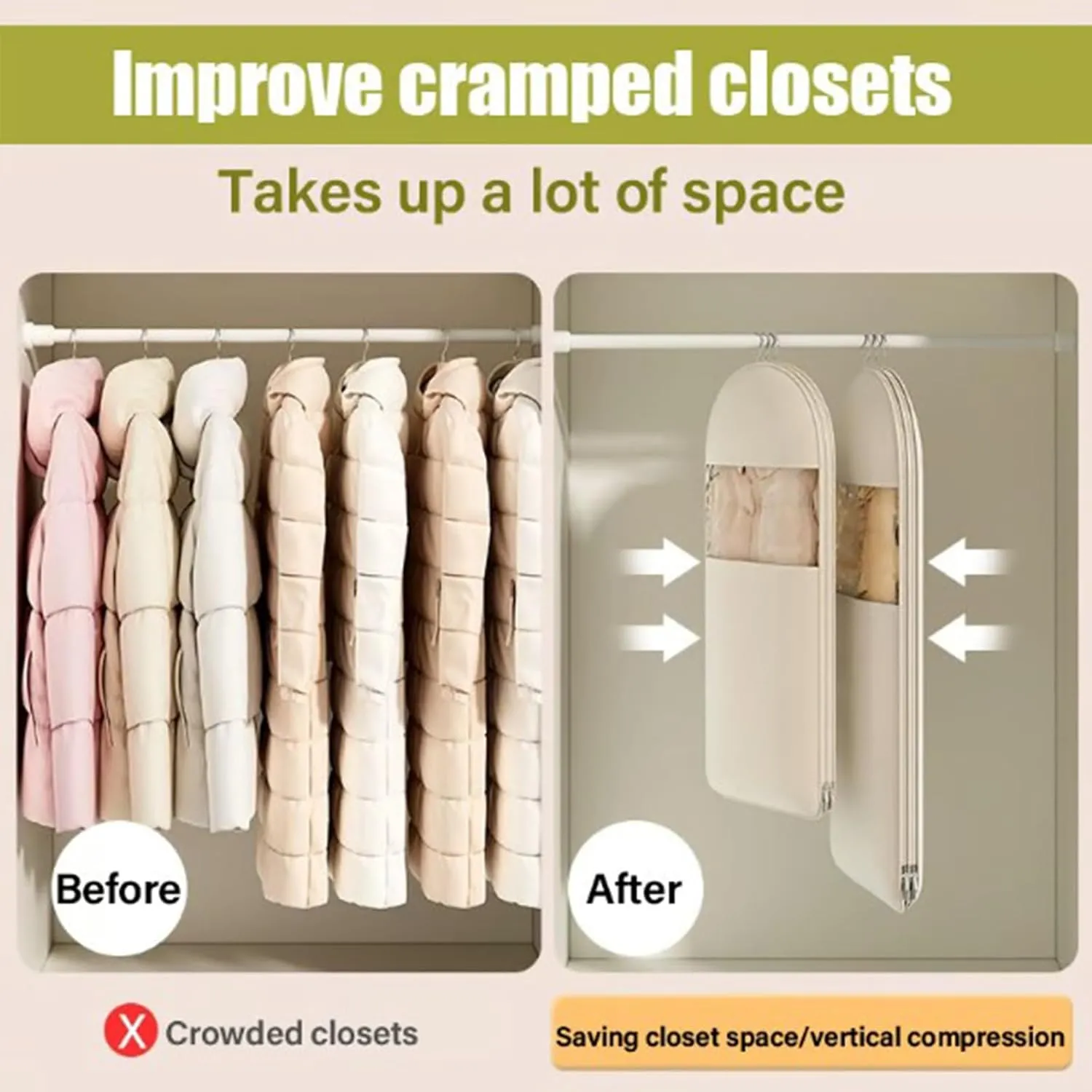 2025 Space Saving Hanging Garment Bag with Self Compression Zipper, Garment Bag for Travel, Home Space Saving (Beige,XL)