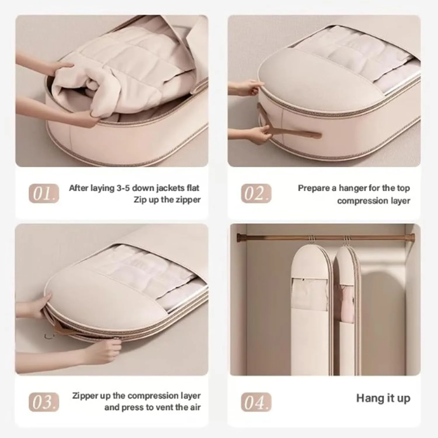 2025 Space Saving Hanging Garment Bag with Self Compression Zipper, Garment Bag for Travel, Home Space Saving (Beige,XL)