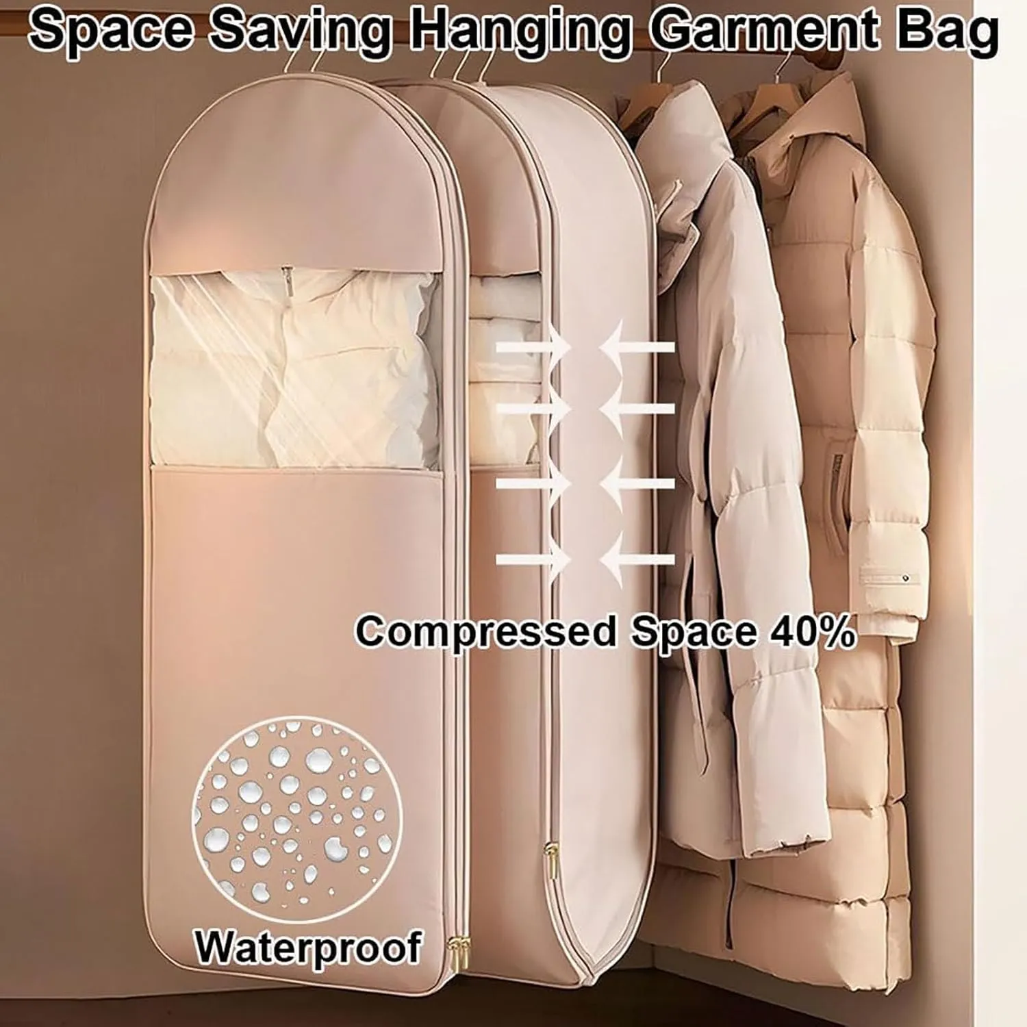 2025 Space Saving Hanging Garment Bag with Self Compression Zipper, Otherwise Space Saving Garment Bags Organizer, Wardrobe Bags for Hanging Clothes (Pink,L)