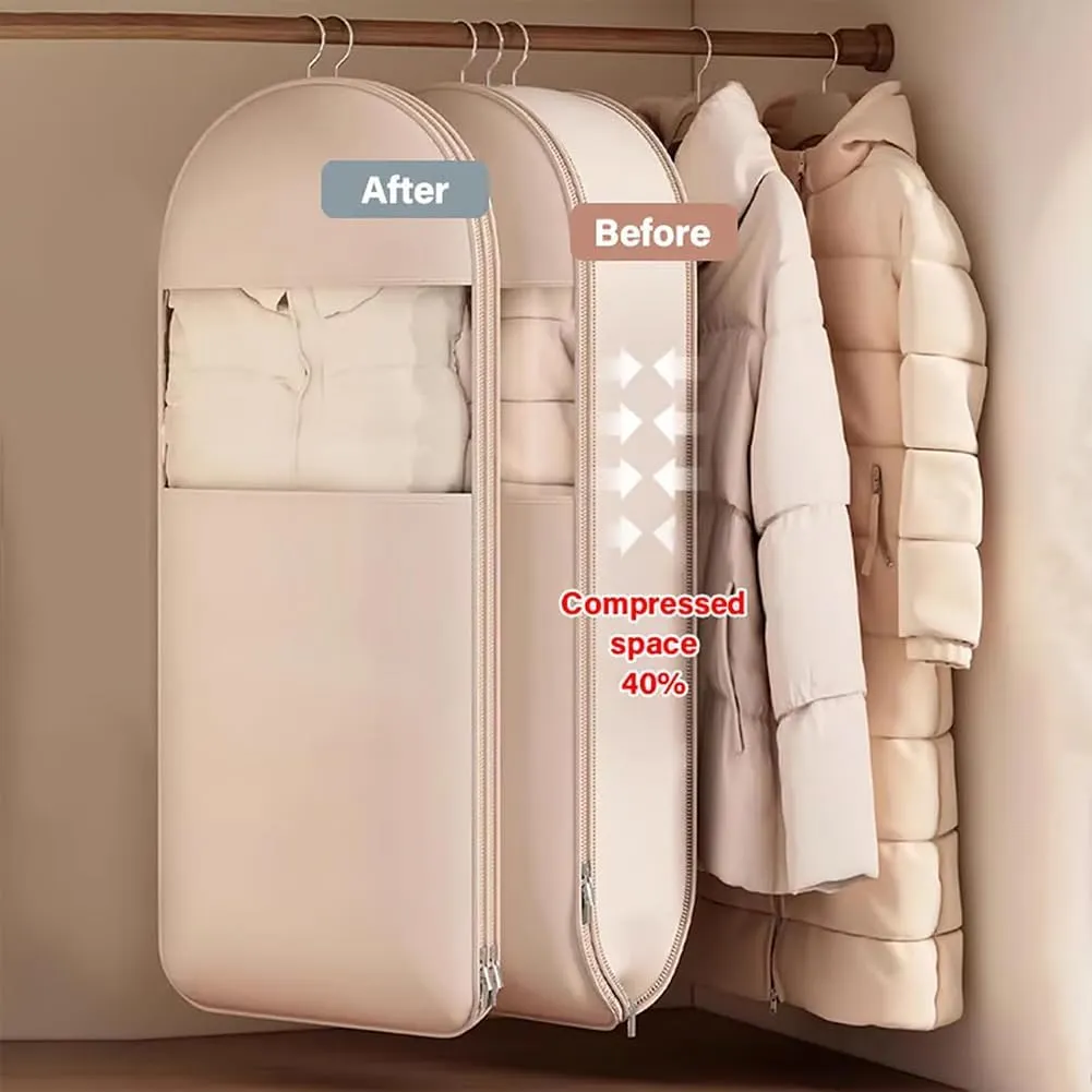 2025 Space Saving Hanging Garment Bag with Self Compression Zipper, Upgrade Space Saving Garment Bags, Ultra Space Saving Dust Cover Hanging for Clothes, Space Saver Closet Organizers (Beige-XL)