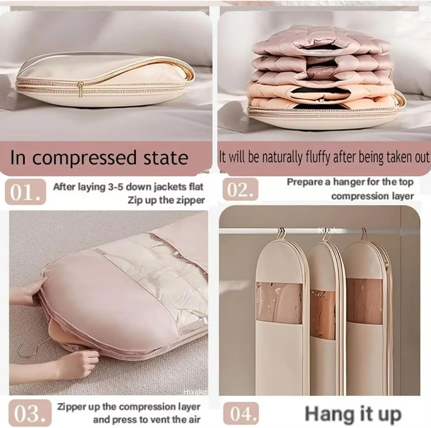 2025 Space Saving Hanging Garment Bag with Self Compression Zipper,ultra space saving self compression organizer,Dust Cover Clothes Bags for Down Coat,garment bags travel (Beige,L)
