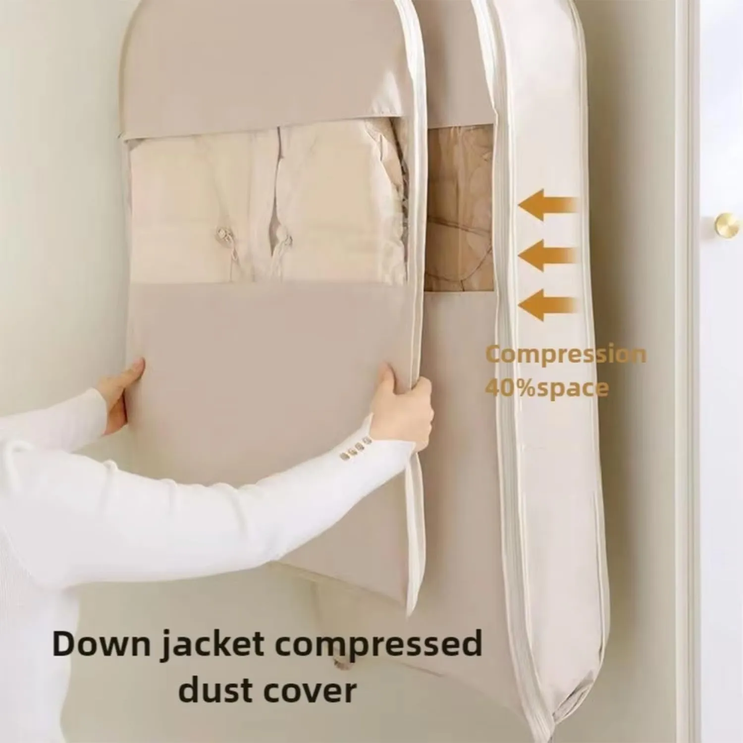 2025 Space Saving Hanging Garment Bag with Self Compression Zipper,ultra space saving self compression organizer,Dust Cover Clothes Bags for Down Coat,garment bags travel (Beige,L)