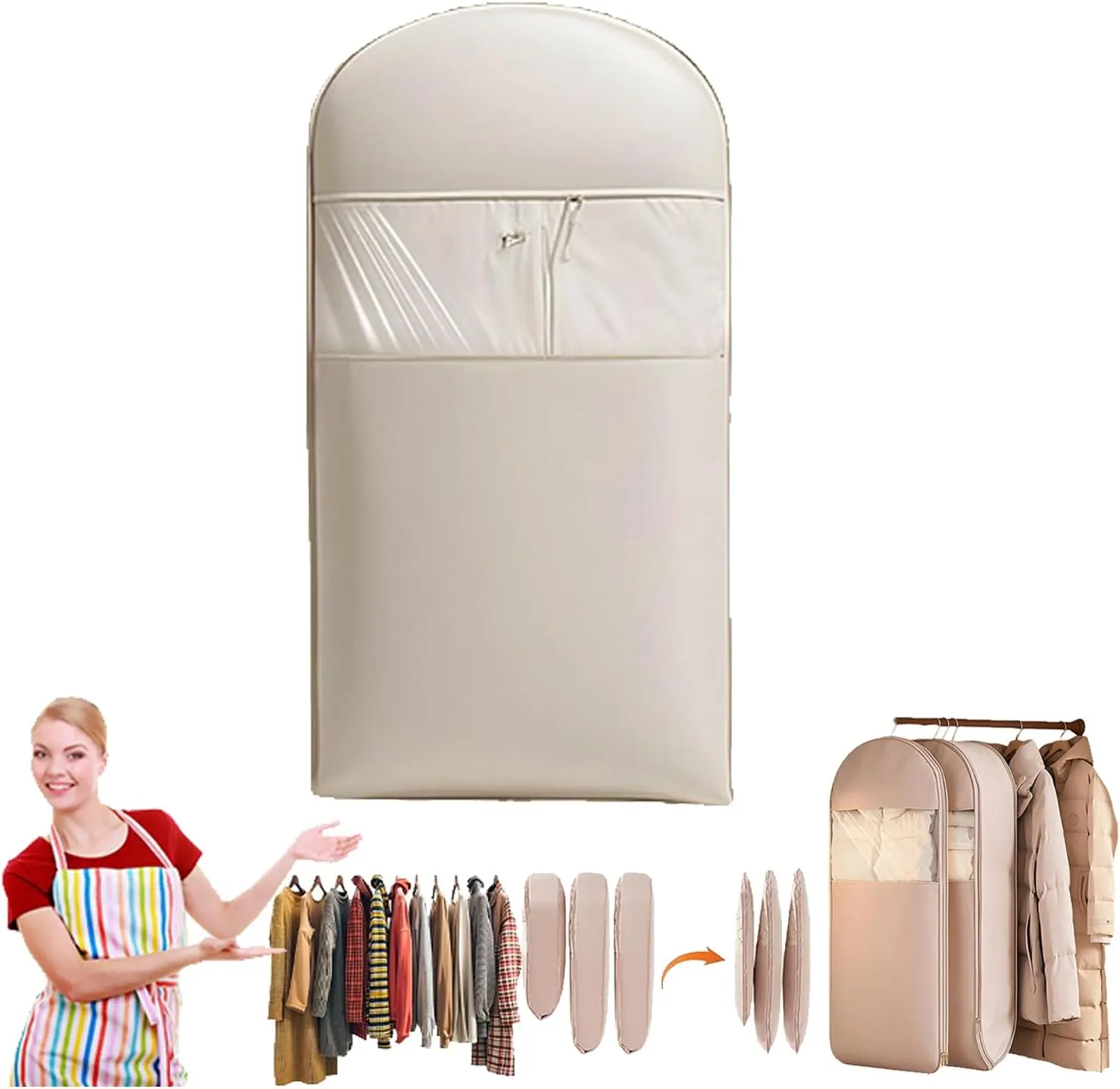 2025 Space Saving Hanging Garment Bag with Self Compression Zipper,ultra space saving self compression organizer,Dust Cover Clothes Bags for Down Coat,garment bags travel (Beige,L)