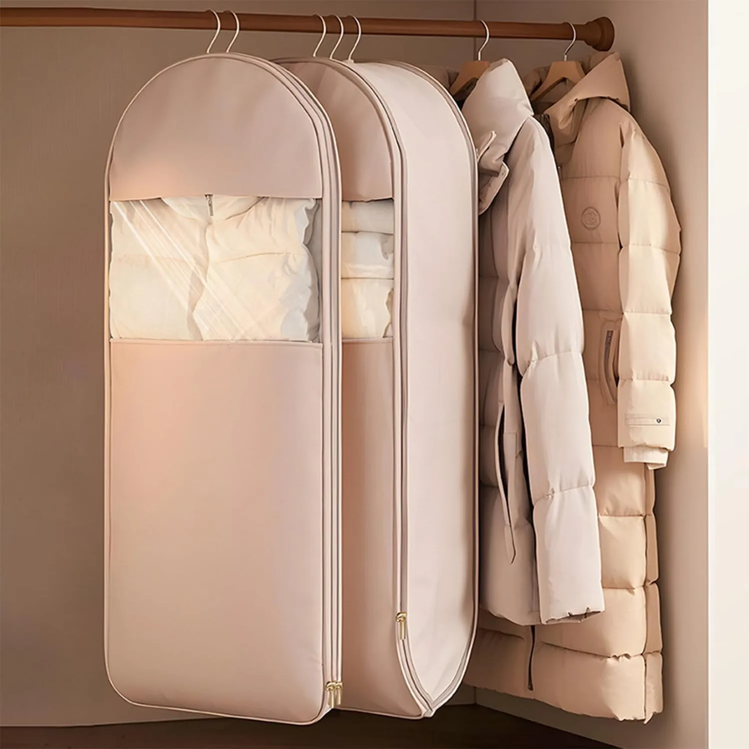 2025 Space Saving Hanging Garment Bag with Self Compression Zipper,ultra space saving self compression organizer,Dust Cover Clothes Bags for Down Coat,garment bags travel (Beige,L)