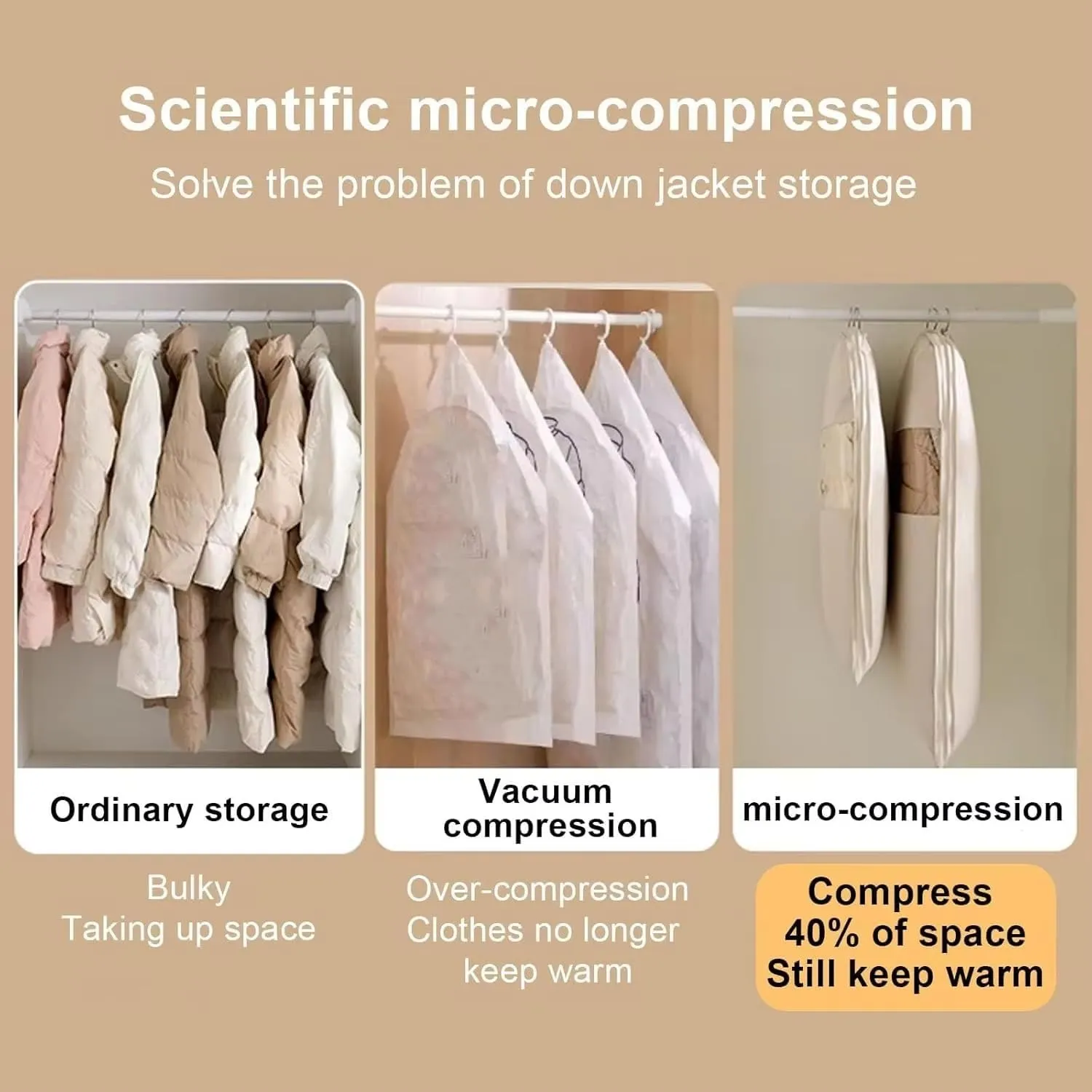 2025 Space Saving Hanging Garment Bag with Self Compression Zipper,ultra space saving self compression organizer,Dust Cover Clothes Bags for Down Coat,garment bags travel (Beige,L)