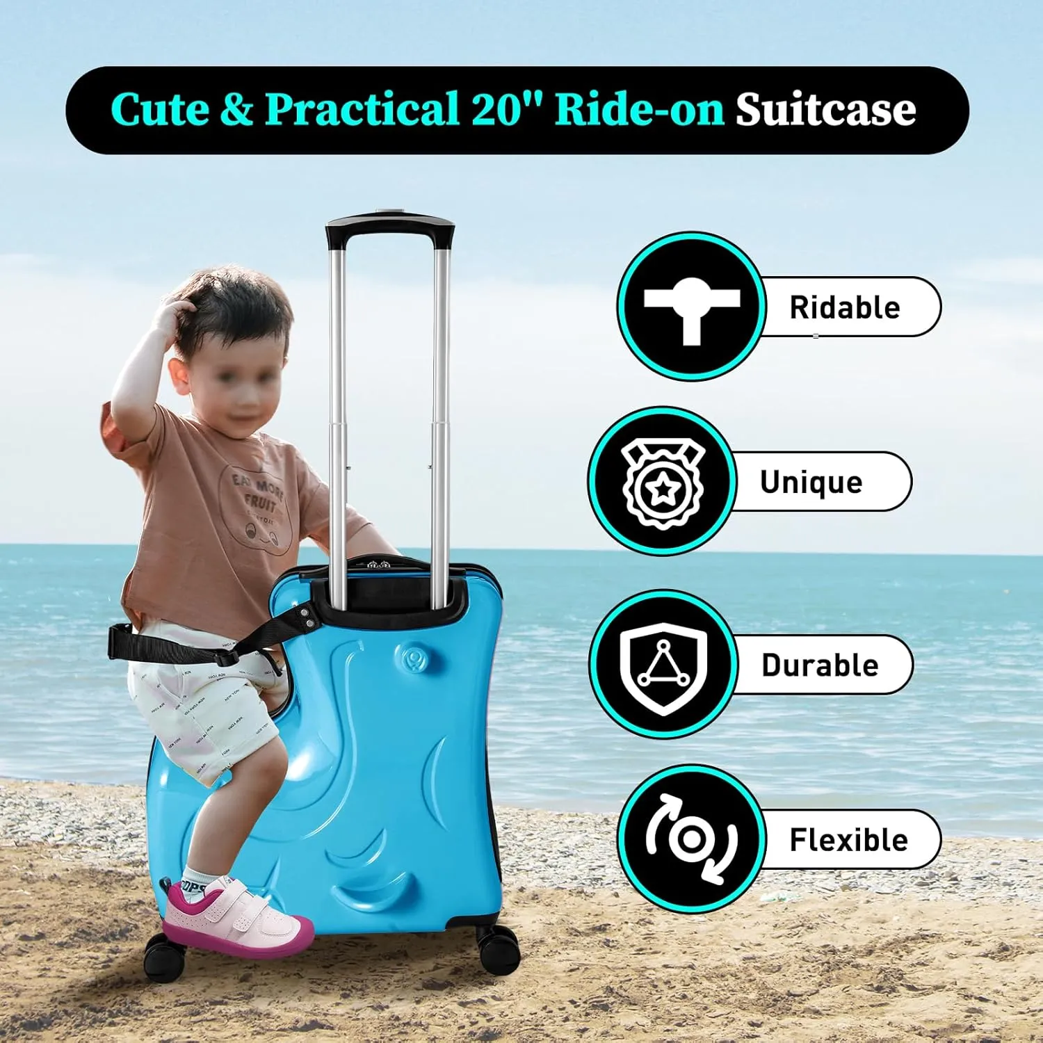 20in Child Ride-on Luggage Kids Riding Trolley Multi-Functional Suitcase with Universal Wheels, Unisex Boys Girls Horse Shaped Travel Suitcase with Lock, Load-Bearing Capacity 66lbs (Blue)