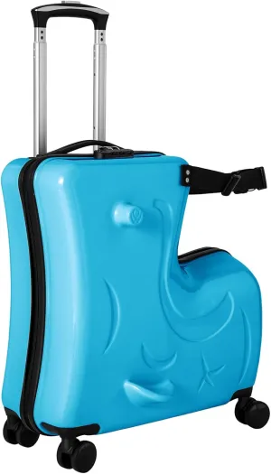 20in Child Ride-on Luggage Kids Riding Trolley Multi-Functional Suitcase with Universal Wheels, Unisex Boys Girls Horse Shaped Travel Suitcase with Lock, Load-Bearing Capacity 66lbs (Blue)