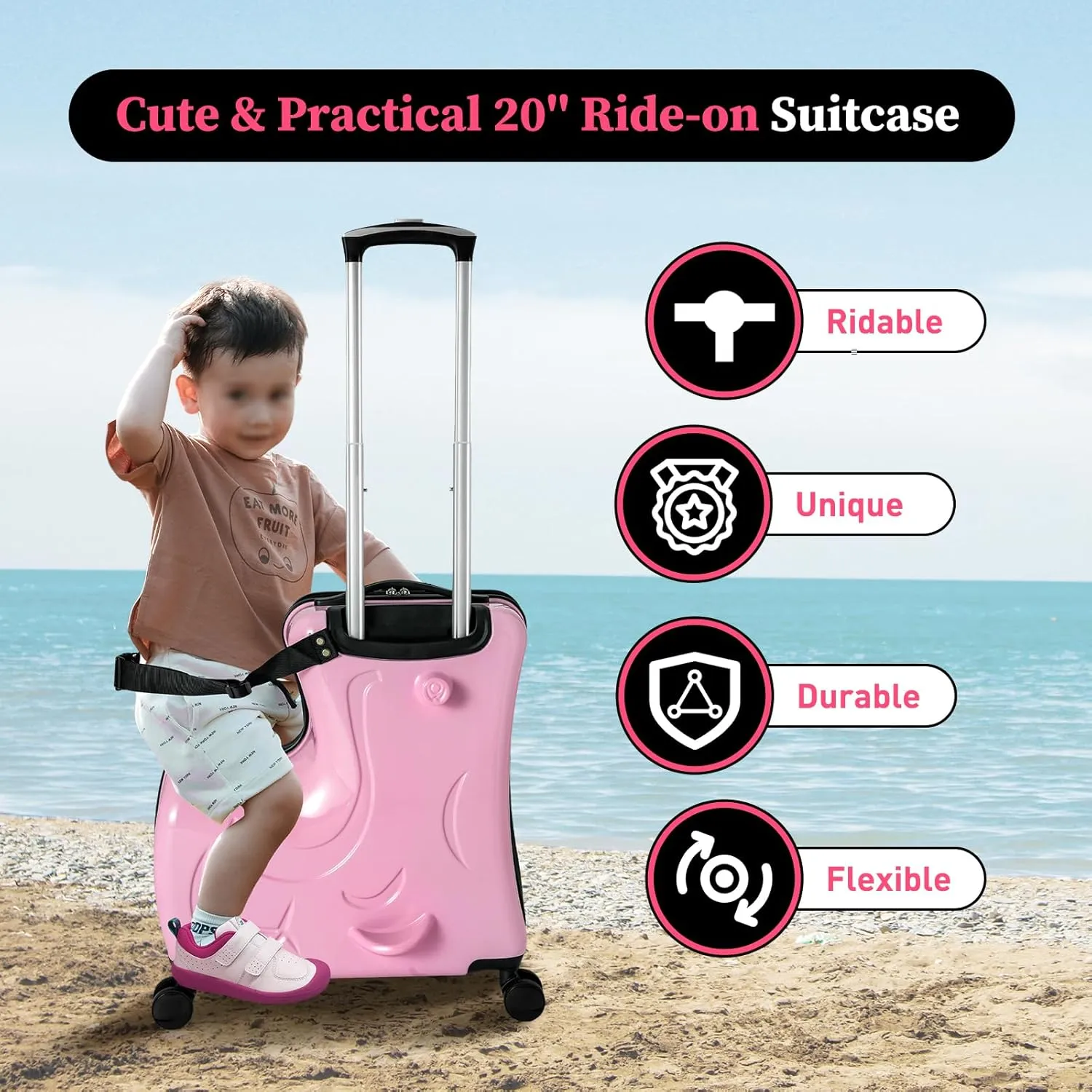 20in Child Ride-on Luggage Kids Riding Trolley Multi-Functional Suitcase with Universal Wheels, Unisex Boys Girls Horse Shaped Travel Suitcase with Lock, Load-Bearing Capacity 66lbs (Pink)