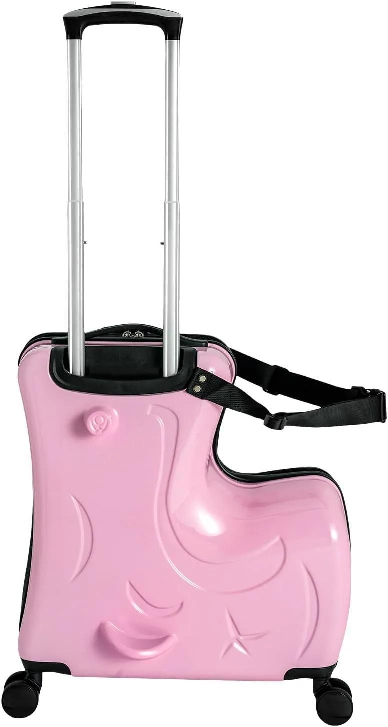 20in Child Ride-on Luggage Kids Riding Trolley Multi-Functional Suitcase with Universal Wheels, Unisex Boys Girls Horse Shaped Travel Suitcase with Lock, Load-Bearing Capacity 66lbs (Pink)