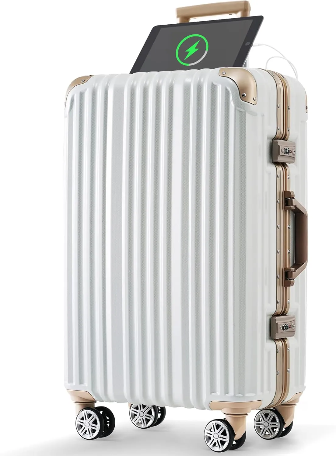 24in Aluminum Frame Luggage with USB Port, Spinner Wheels, Carry-On for Business and Beach Trips, Gloss White