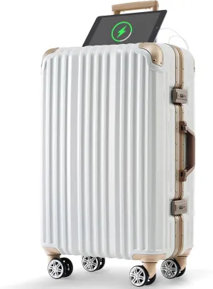 24in Aluminum Frame Luggage with USB Port, Spinner Wheels for Easy Maneuvering, for Business Trips and Beach Holidays, Gloss White
