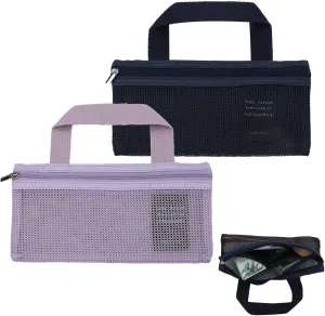 2Packs Mini Travel Toiletry Bags for Men and Women,Small Mesh Makeup Bag Portable Cosmetic Pouch Square Mesh Storage Bag Toothbrush Travel Bag with Zipper (navy blue and purple)