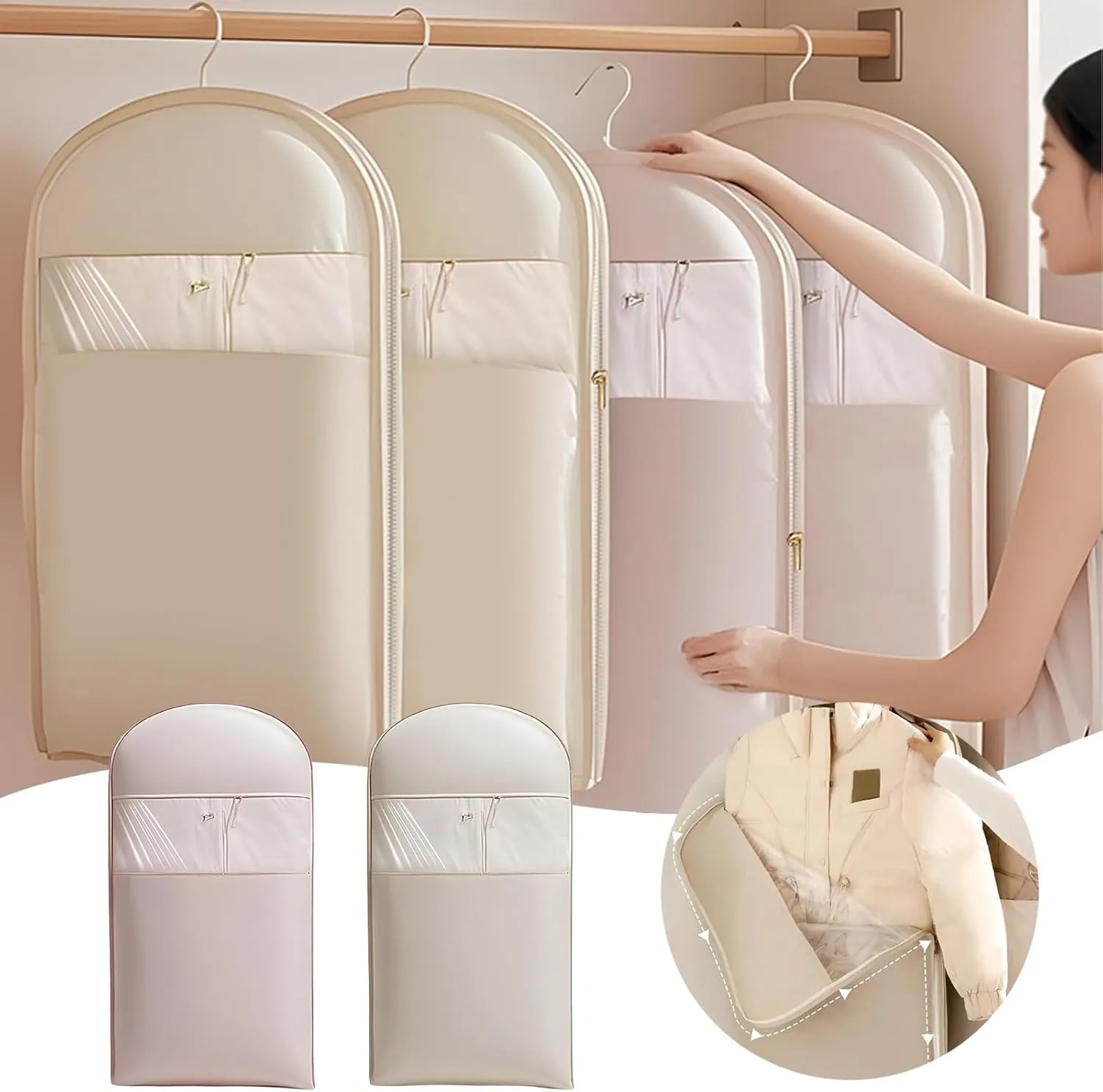 2pc Space Saving Hanging Garment Bag With Zipper Coat Clothing Storage Bags For Wardrobe Travel Closet Organize Accessories Garment Bag(C)