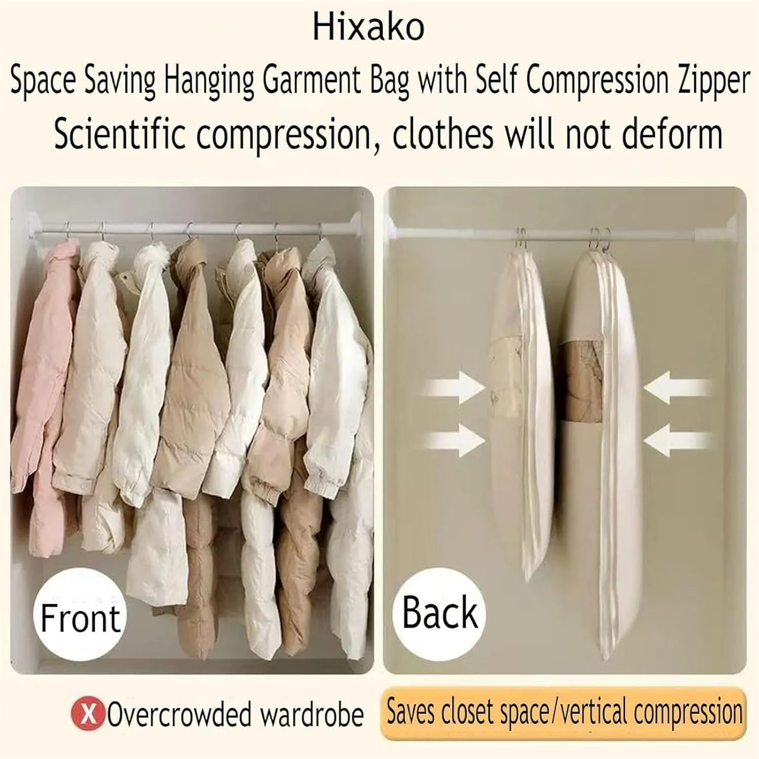 2PCS Space Saving Hanging Garment Bag with Self Compression Zipper,Space Saver Closet Organizers,2025 New Space Saving Hanging Protector (Beige Pink, L)