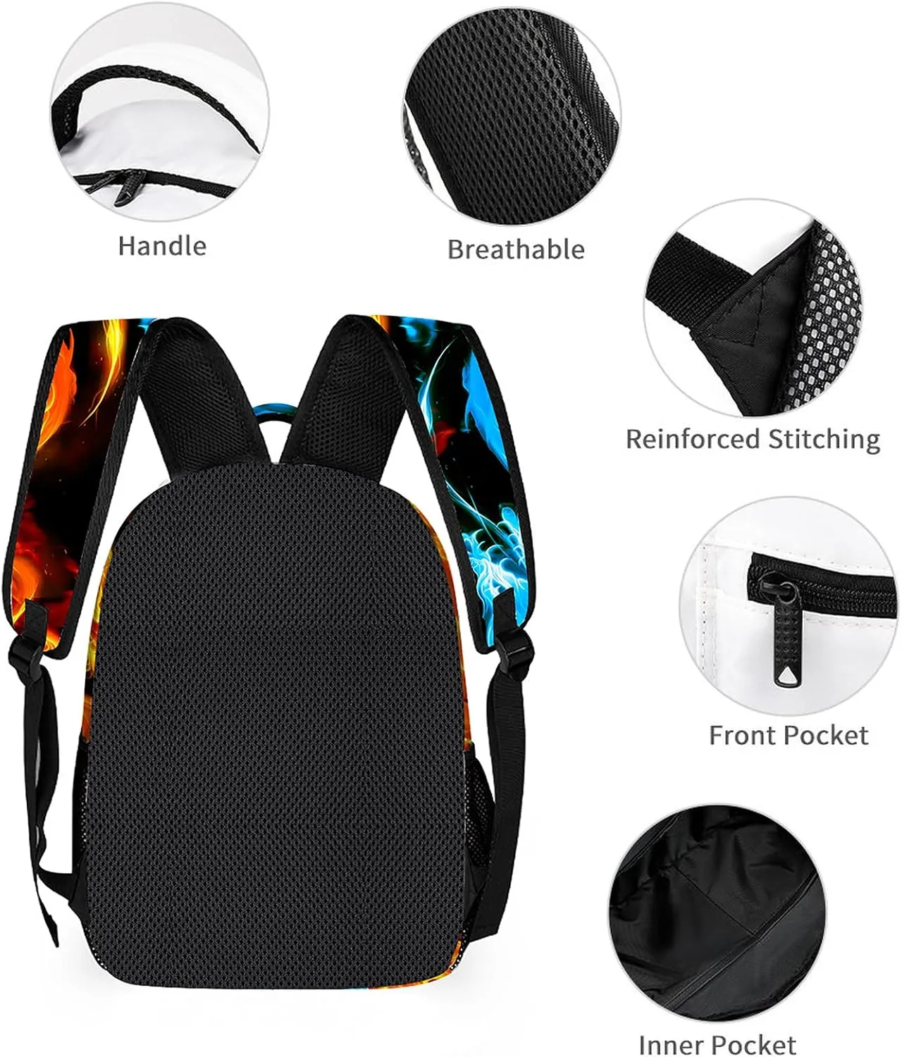 3pcs Bright Ice & Fire Dragon Backpack Set, Multi-functional Laptop Bag 17in Water Resistant Travel Daypack, Large Capacity Double Shoulder Backpack With Lunch Bag (Bright Ice & Fire Dragon