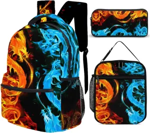 3pcs Bright Ice & Fire Dragon Backpack Set, Multi-functional Laptop Bag 17in Water Resistant Travel Daypack, Large Capacity Double Shoulder Backpack With Lunch Bag (Bright Ice & Fire Dragon