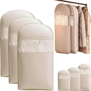 3PCS Space Saving Hanging Garment Bag with Self Compression Zipper, Ultra Space Saving Self Compression Organizer, Dust Cover Clothes Bags for Down Coat, Anti-Wrinkles, Dust, Moisture (Beige, L)