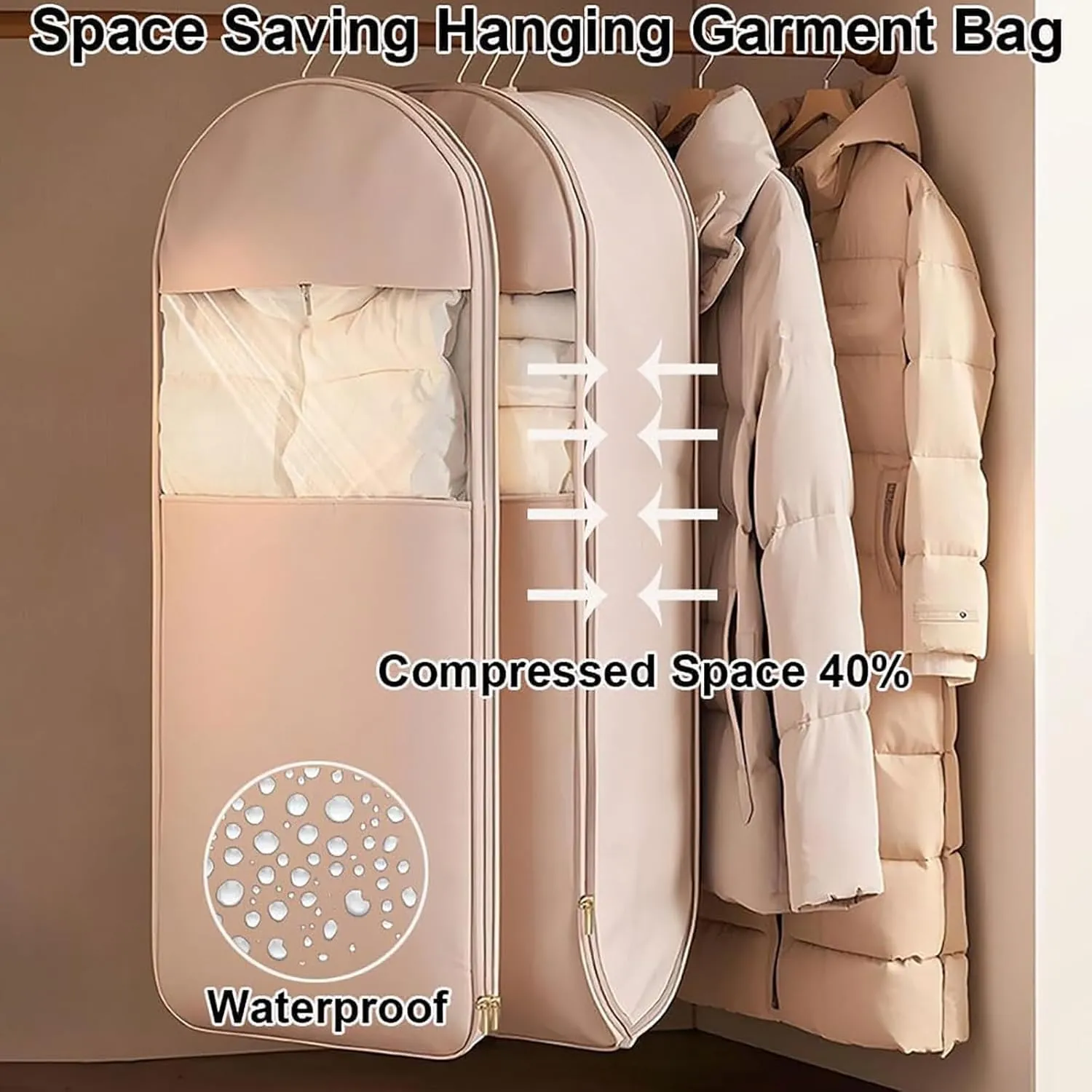 3PCS Space Saving Hanging Garment Bag with Self Compression Zipper, Ultra Space Saving Self Compression Organizer, Dust Cover Clothes Bags for Down Coat, Anti-Wrinkles, Dust, Moisture (Pink, M)