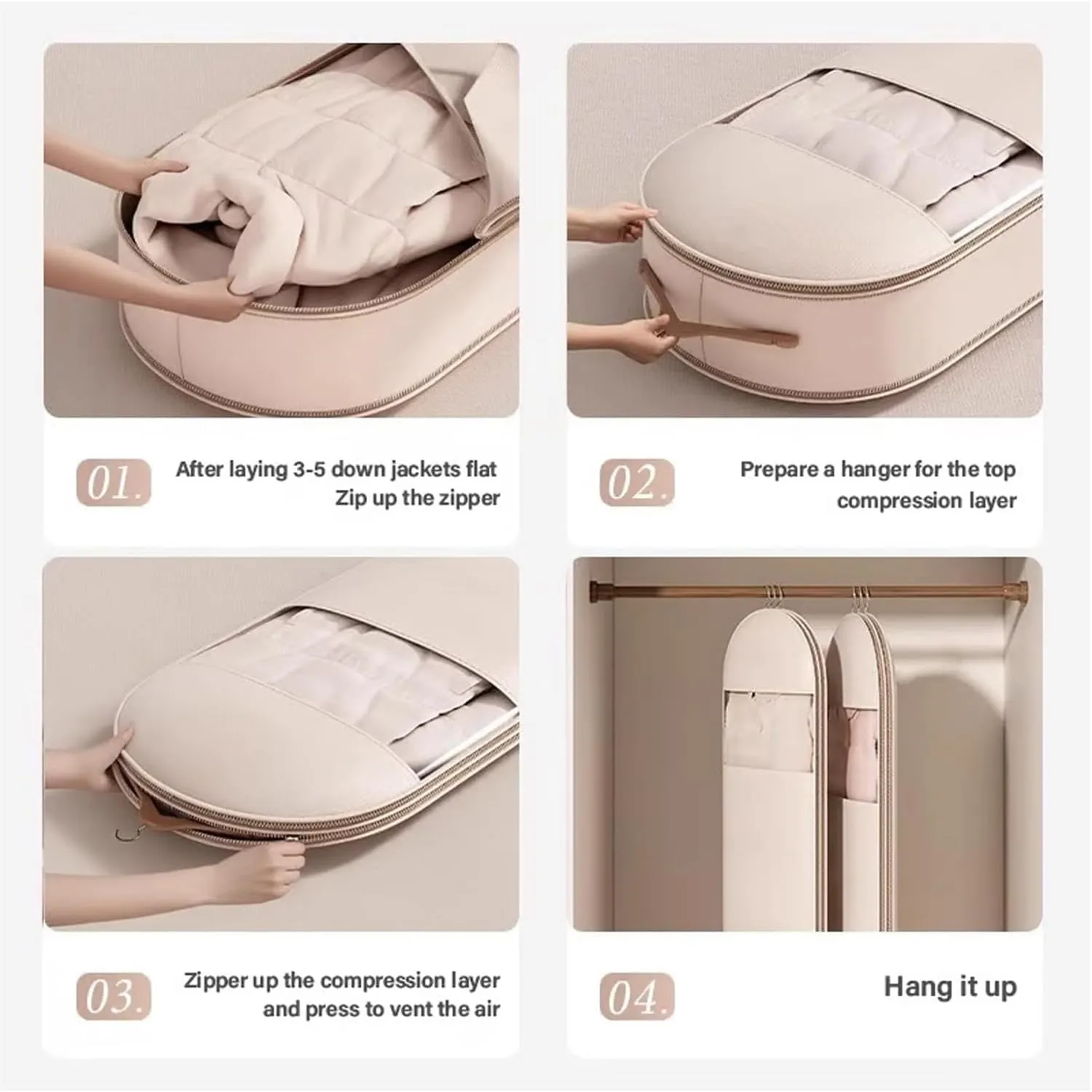 3PCS Space Saving Hanging Garment Bag with Self Compression Zipper, Ultra Space Saving Self Compression Organizer, Dust Cover Clothes Bags for Down Coat, Anti-Wrinkles, Dust, Moisture (Pink, M)