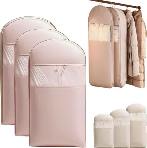 3PCS Space Saving Hanging Garment Bag with Self Compression Zipper, Ultra Space Saving Self Compression Organizer, Dust Cover Clothes Bags for Down Coat, Anti-Wrinkles, Dust, Moisture (Pink, M)