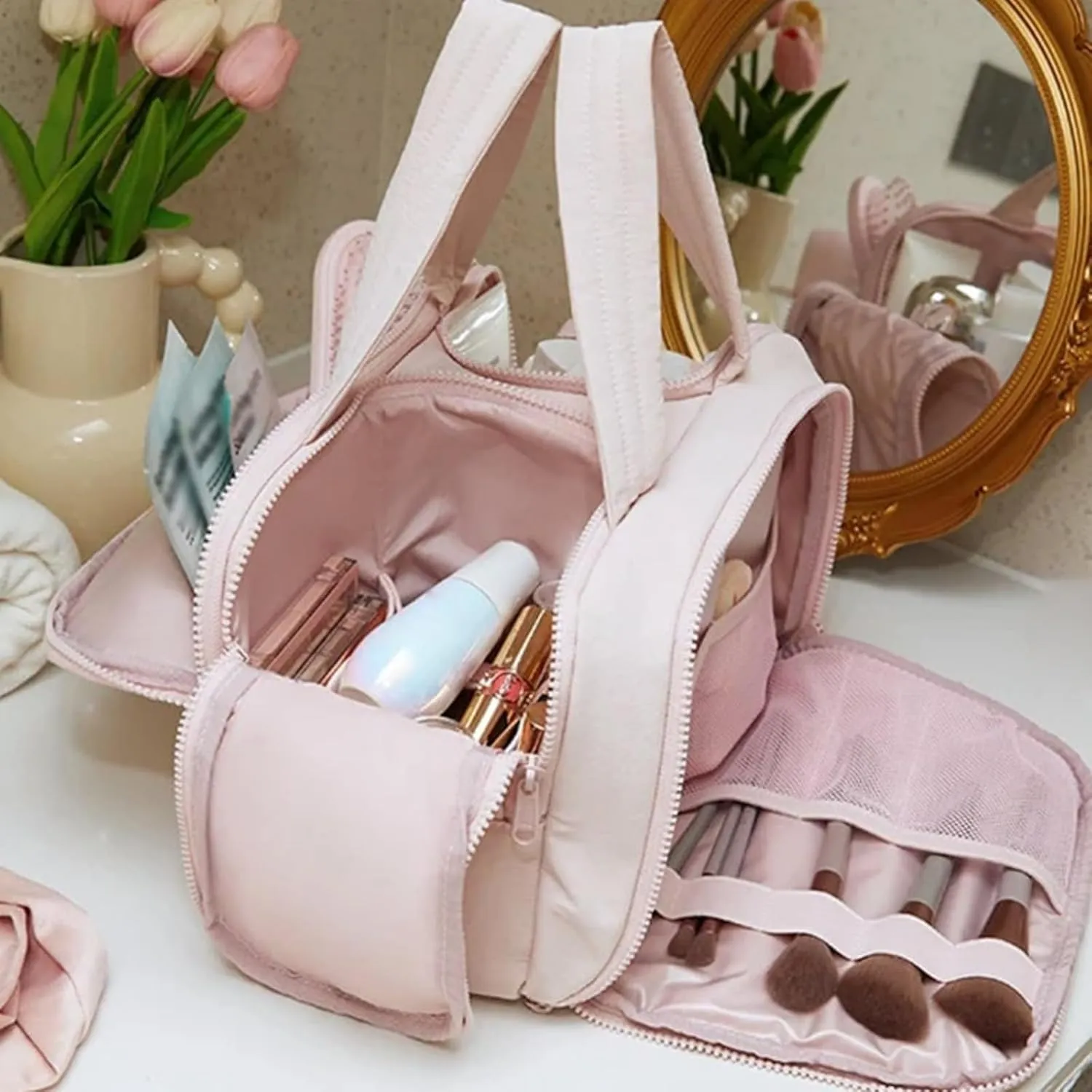 4-in-1 Multifunctional Travel Cosmetic Bag, Large-Capacity Travel Cosmetic Bag, 4-in-1 Puffy Multi-functional Toiletry Bag, 2025 New Camping Toiletry Bag for Women Traveling (Pink)