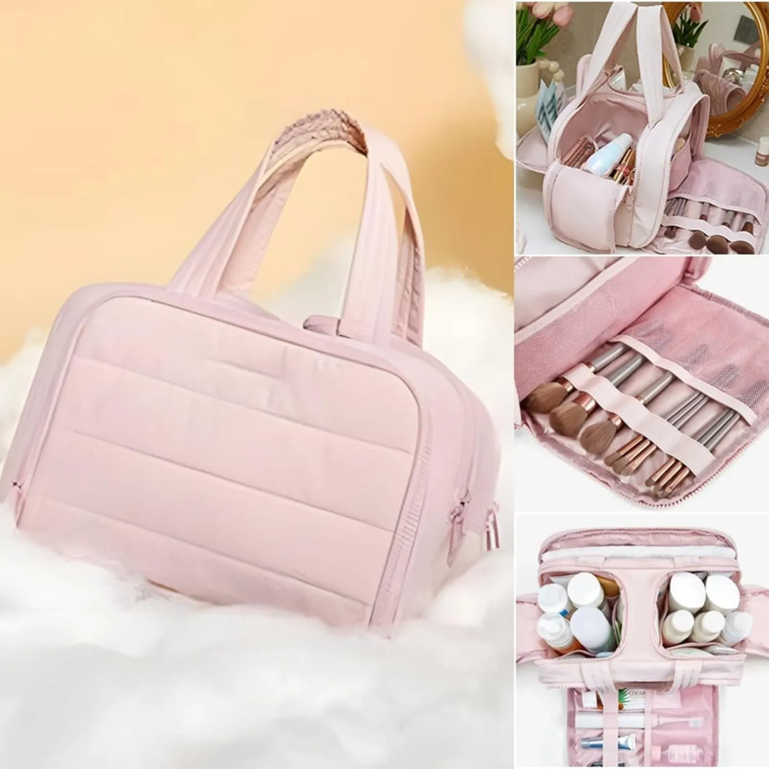 4-in-1 Multifunctional Travel Cosmetic Bag, Large-Capacity Travel Cosmetic Bag, 4-in-1 Puffy Multi-functional Toiletry Bag, 2025 New Camping Toiletry Bag for Women Traveling (Pink)
