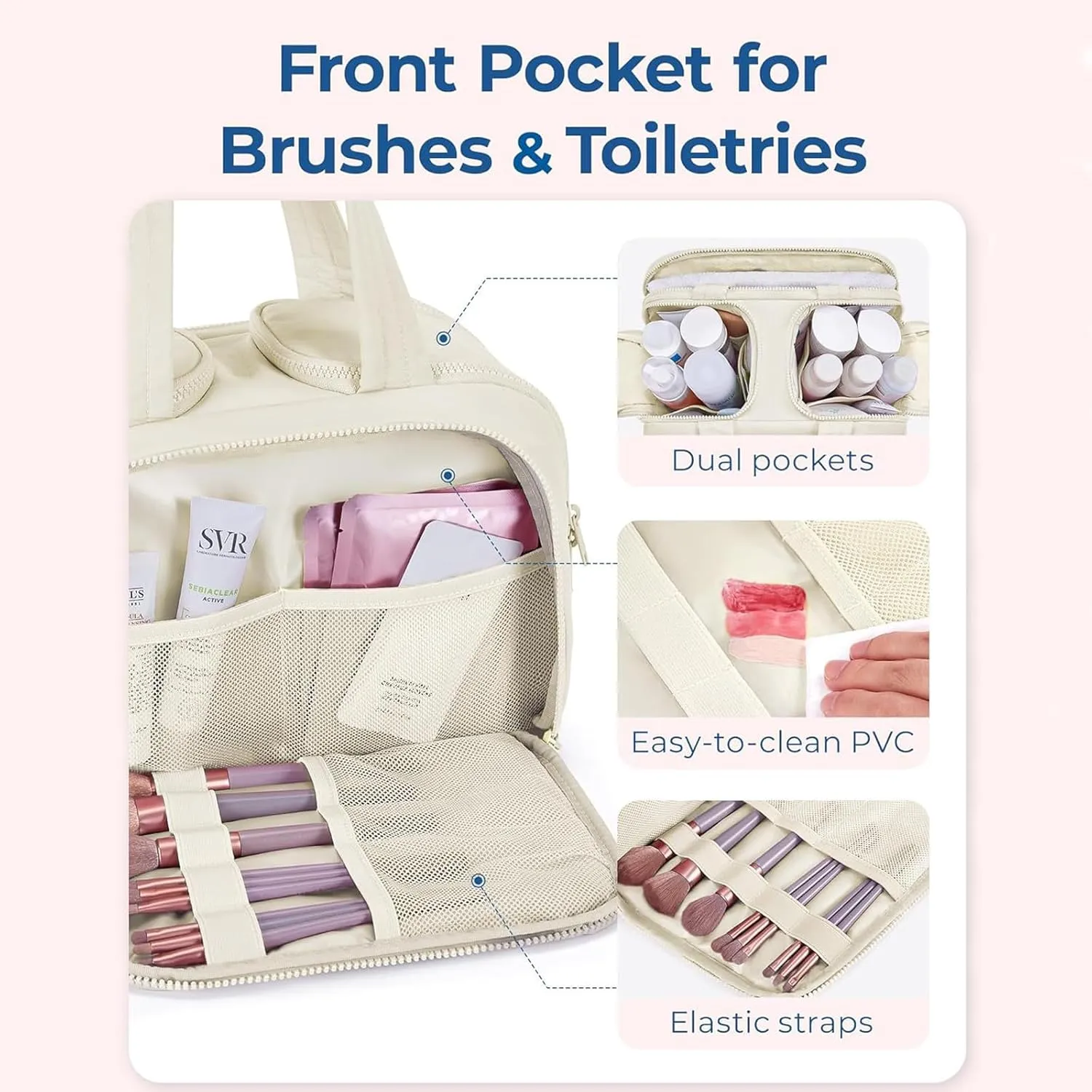 4-in-1 Puffy Multi-Functional Toiletry Bag for Women, 2025 New Travel Toiletry Bag, Large-Capacity Travel Cosmetic Bag, for Travel-Sized Shampoo, Brushes Set, Makeup Accessories (Beige)