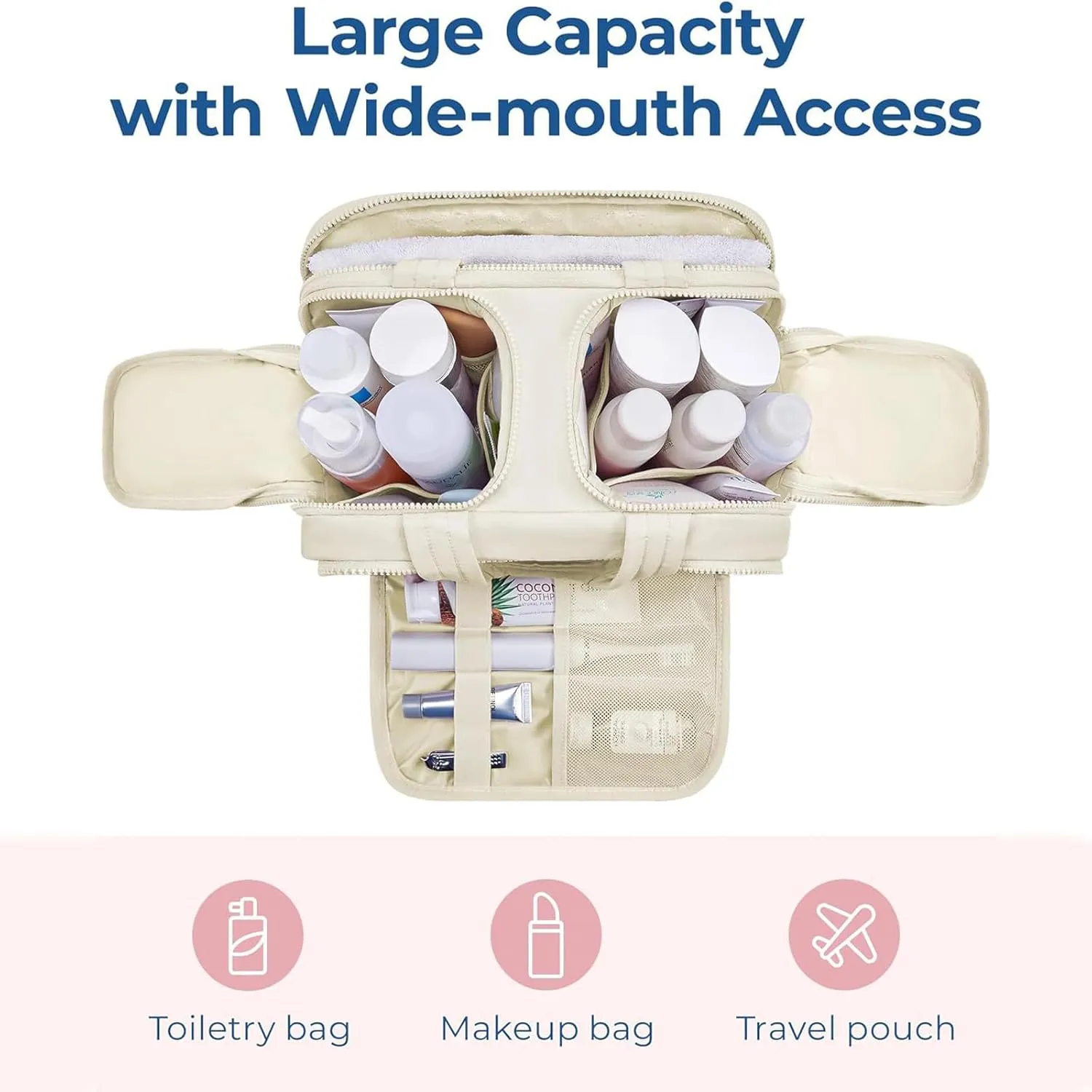 4-in-1 Puffy Multi-Functional Toiletry Bag for Women, 2025 New Travel Toiletry Bag, Large-Capacity Travel Cosmetic Bag, for Travel-Sized Shampoo, Brushes Set, Makeup Accessories (Beige)