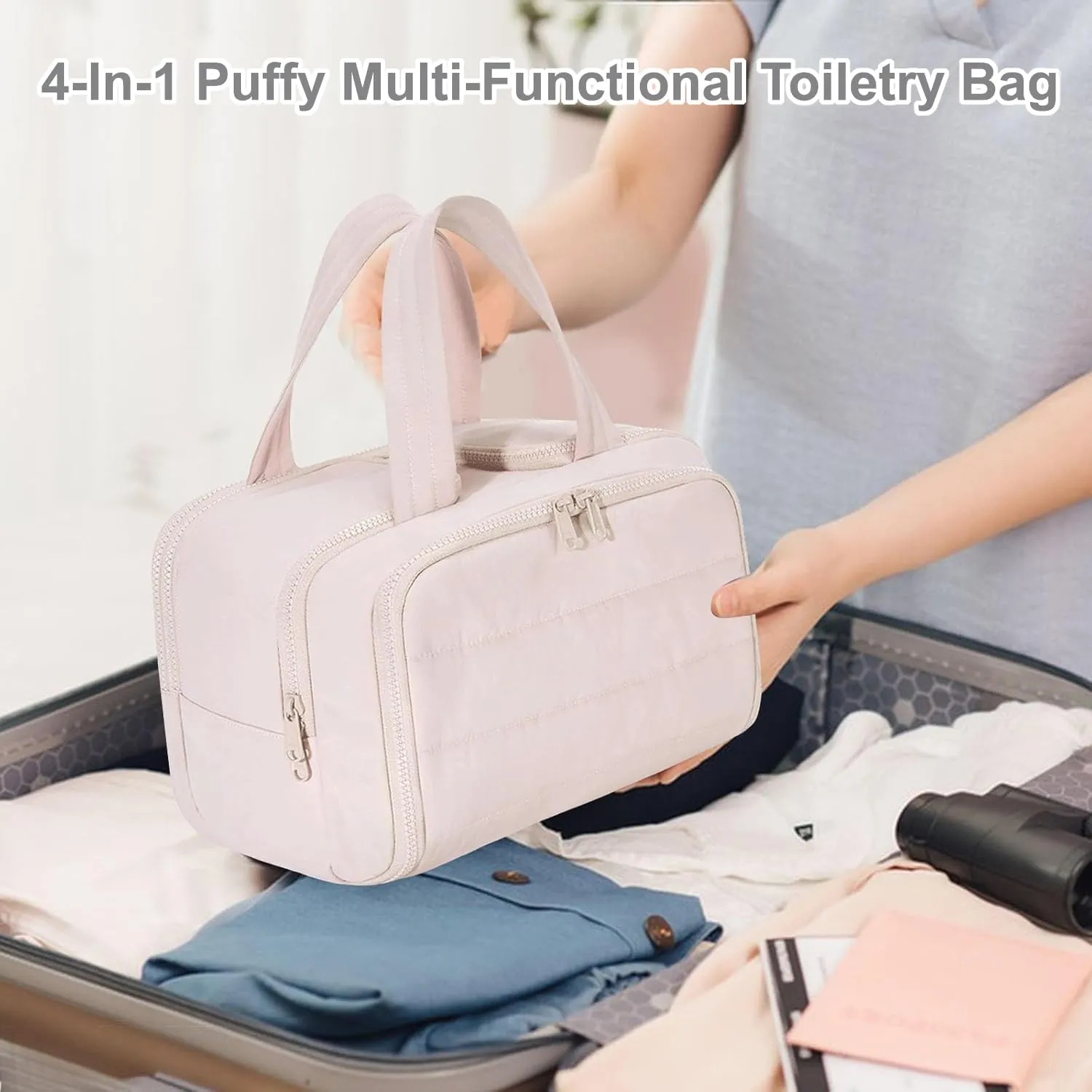4-in-1 Puffy Multi-Functional Toiletry Bag,Travel Toiletry Bag, Lightweight Large Wide-Open Travel Bag for Women,Puffy Cosmetic Bag with Handle for Accessories,Essentials, Toiletries (Grey)