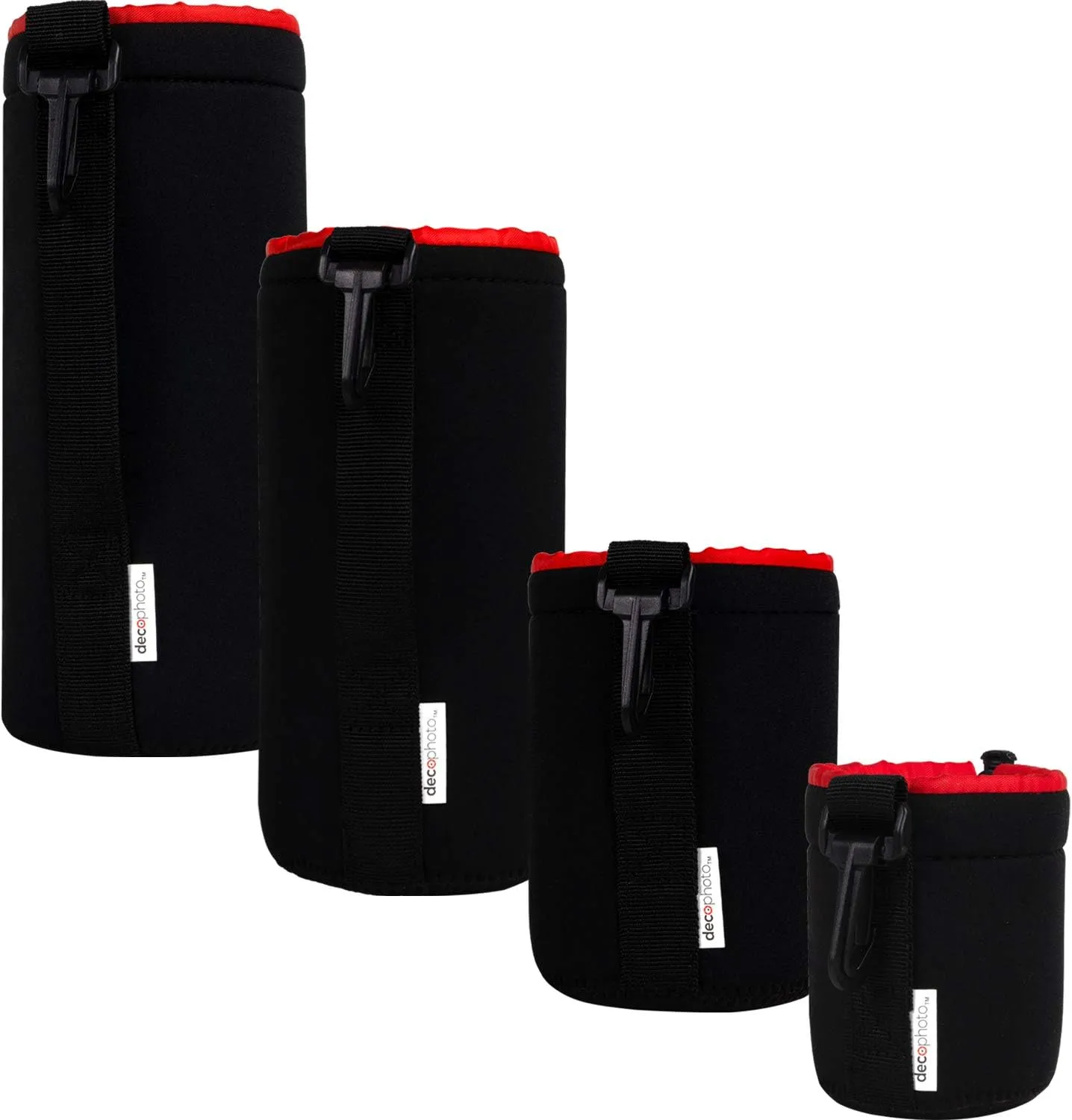 4 Pack Neoprene Lens Bag Set Protective Water and Weather Resistant Shock Drop and Scratch Armor Pouch Sleeve Case with Plush Interior, Black