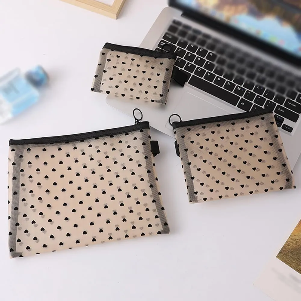 4 Pcs Heart Mesh Cosmetic Bags Cute Mesh Makeup Bag Different Size Toiletry Bags Coin Pouches Sanitary Napkin Storage Bag Make Up Organizer Pouch Small Storage Pouch with zipper Beige