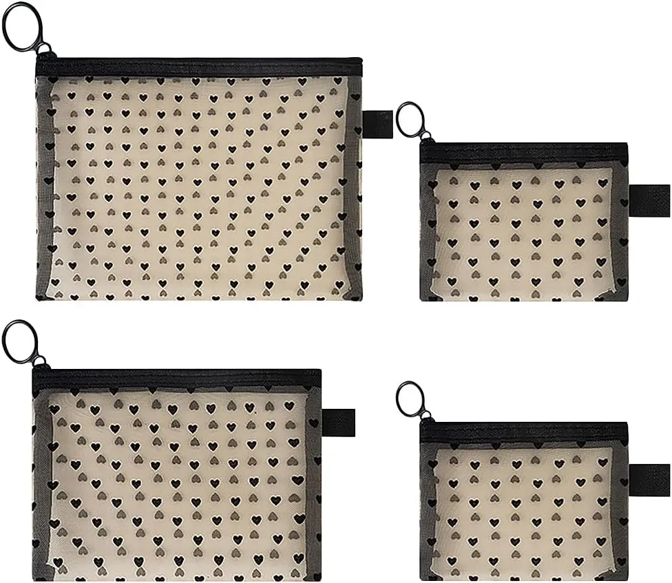 4 Pcs Heart Mesh Cosmetic Bags Cute Mesh Makeup Bag Different Size Toiletry Bags Coin Pouches Sanitary Napkin Storage Bag Make Up Organizer Pouch Small Storage Pouch with zipper Beige