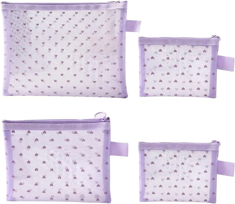 4 Pcs Heart Mesh Cosmetic Bags Cute Mesh Makeup Bag Different Size Toiletry Bags Coin Pouches Sanitary Napkin Storage Bag Make Up Organizer Pouch Small Storage Pouch with zipper Purple